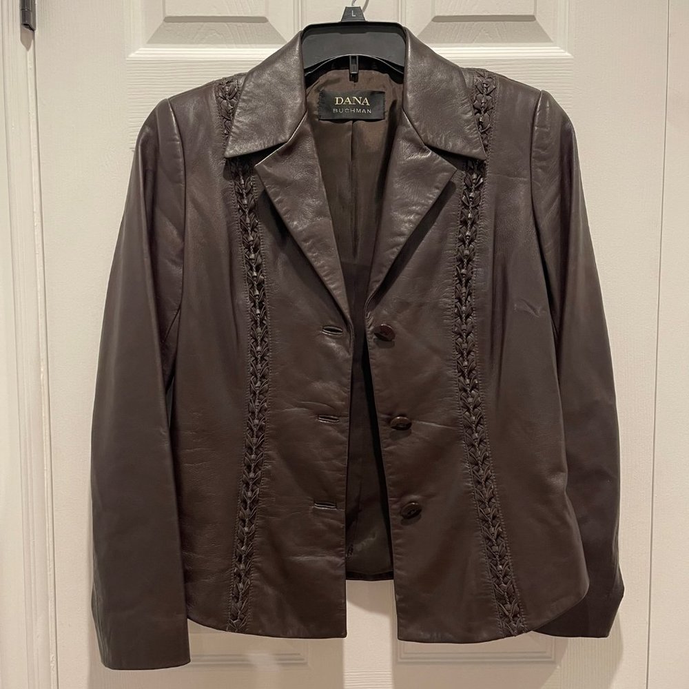 Dana Buchman Brown SOFT Genuine Leather Button Front Braided Detail Jacket